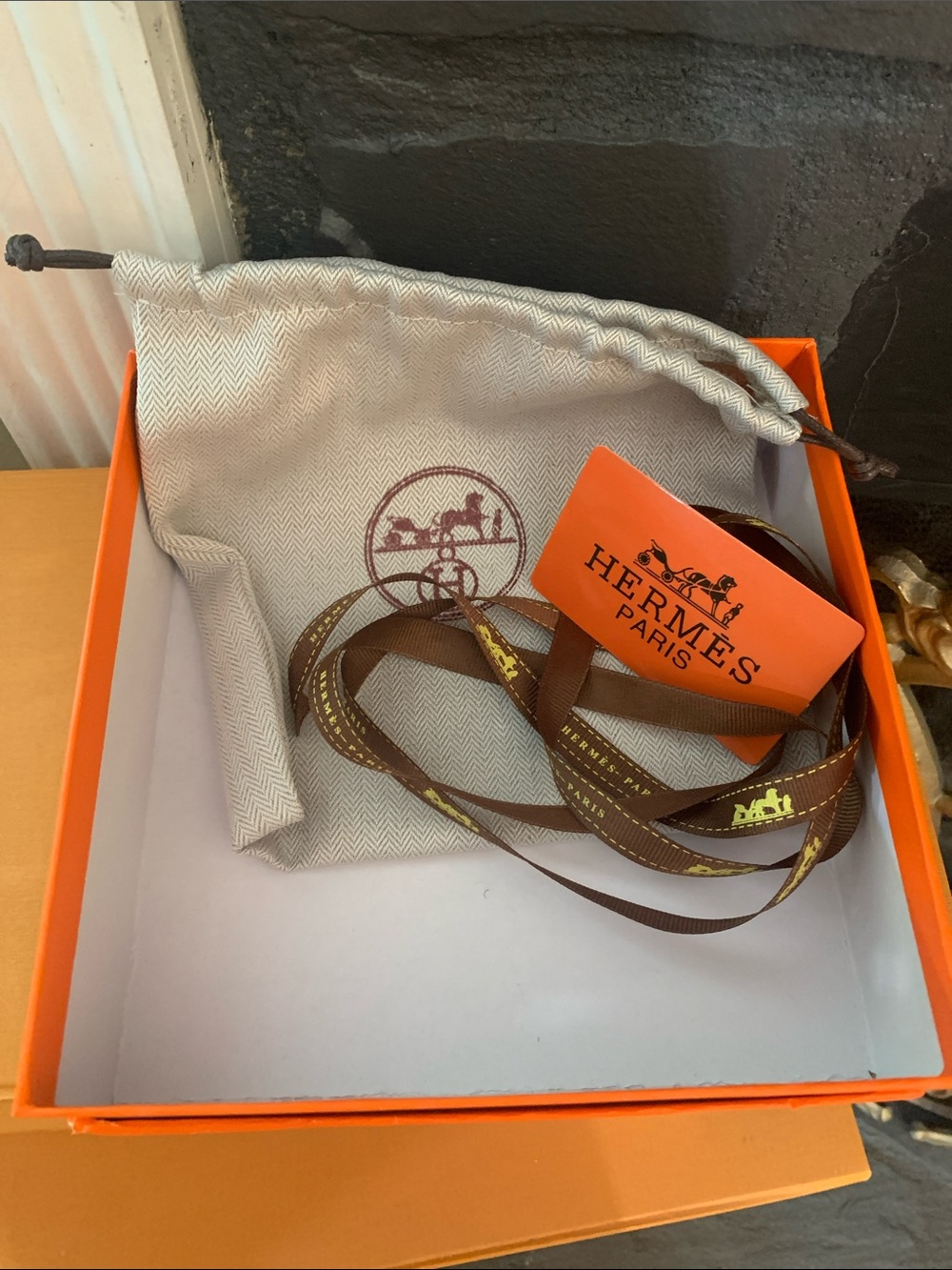 Hermes Brown Leather Bracelet with Gold-Accent Ribbon